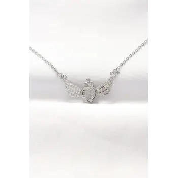 316L Çelik Silver Renk Zirkon Taşlı Kalpli Kanat Kolye