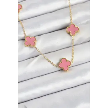 316L Çelik Zincir Gold Pembe Renk Yonca Kadın Kolye