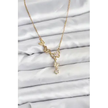 316L Çelik Zincir Gold Renk Kelebek Model Kadın Kolye