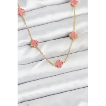 316L Çelik Zincir Gold Renk Pembe Baby Boy Yonca Kadın Kolye