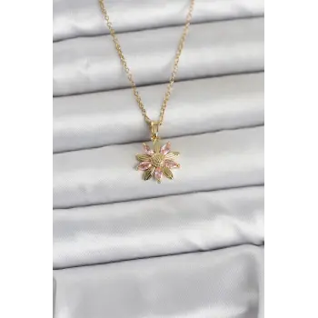 316L Çelik Zincir Gold Renk Pembe Papatya Model Kadın Kolye