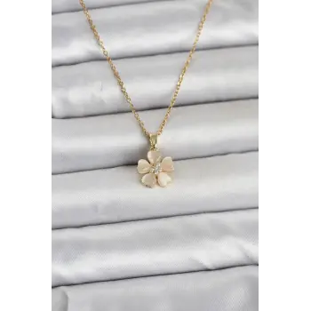 316L Çelik Zincir Gold Renk Yonca Model Kadın Kolye