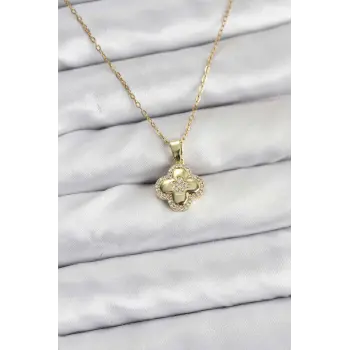 316L Çelik Zincir Gold Renk Zirkon Taşlı Yonca Model Kadın Kolye