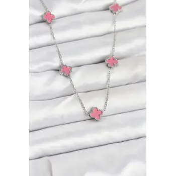 316L Çelik Zincir Gümüş Renk Pembe Baby Boy Yonca Kadın Kolye