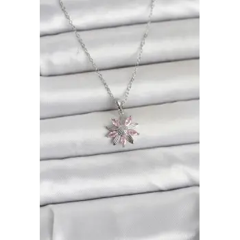 316L Çelik Zincir Gümüş Renk Pembe Papatya Model Kadın Kolye