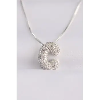 316L Çelik Zincirli Zirkon Taşlı C Harfli Silver Renk Bubble Kolye