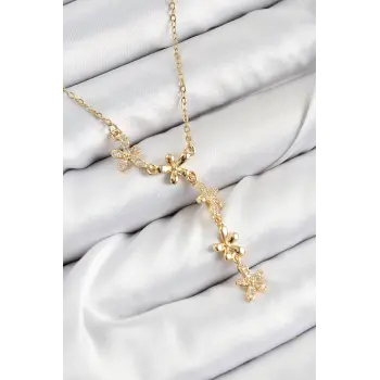 316L Çelik Zirkon Taşlı Çiçek Model Gold Renk Kadın Kolye