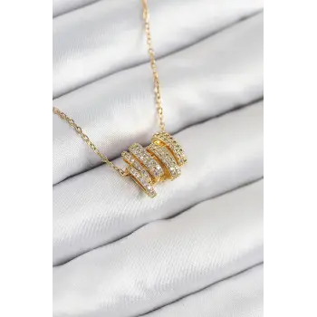 316L Çelik Zirkon Taşlı Sarmal Model Gold Renk Kadın Kolye