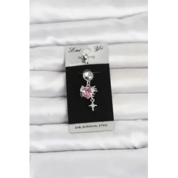 316L Cerrahi Çelik Pembe Zirkon Taşlı Model Göbek Piercing