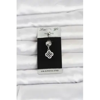 316L Cerrahi Çelik Zirkon Taşlı Sallantılı Yonca Model Göbek Piercing