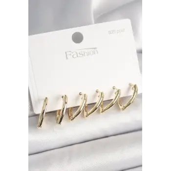 925 Ayar Gümüş Çivi Pirinç Gold Renk Üçgen Model Kadın Küpe Seti