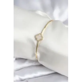 Beyaz Sedefli Yonca Model Gold Renk Kadın Bileklik