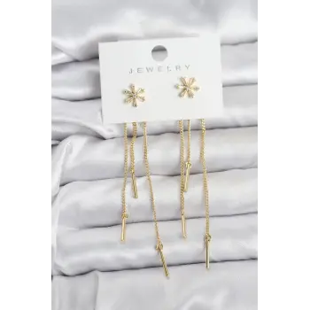 Çiçek Model Gold Pirinç Sallantılı Kadın Küpe