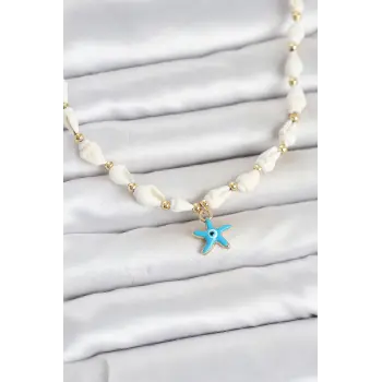 Doğal Deniz Kabuğu Dizili Mavi Yıldız Model Kolye