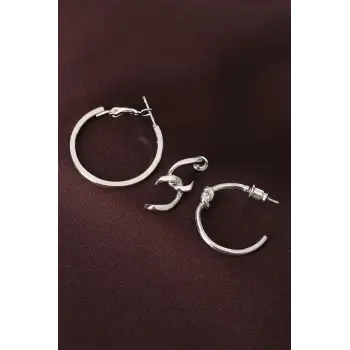 Düğüm Model Gümüş Renk Metal Çoklu Halka Küpe