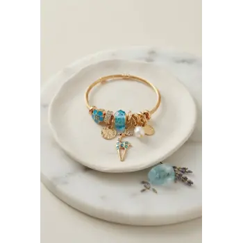 Geyik Model Gold Renk Mavi Charmlı Bileklik