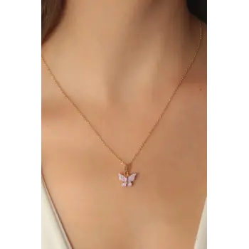 Gold Lila Renk Kelebek Figür Kadın Kolye