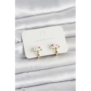 Gold Renk Kedi Model Mineli Çocuk Küpe