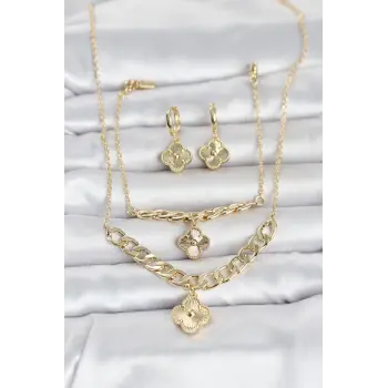 Gold Renk Pirinç Kolye Bileklik ve Küpe Seti