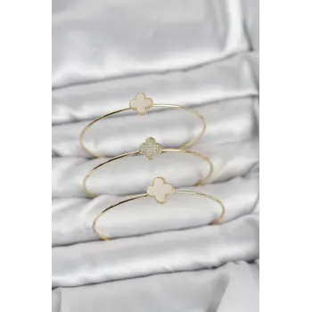 Gold Renk Yonca Model Zirkon Taşlı 3lü Kadın Bileklik Kombini