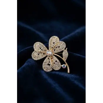 Gold Renk Zirkon Taşlı Yonca Model Broş