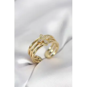 Gold Renk Zirkon Taşlı Yonca Model Kadın Yüzük