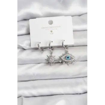 Göz Model Gümüş Renk Pirinç 3lü Kadın Küpe Seti
