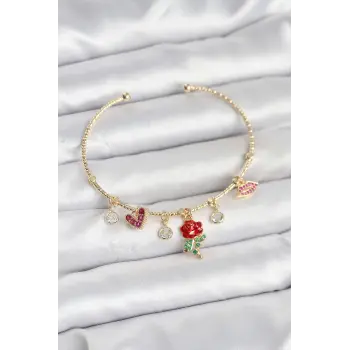 Gül Charmlı Gold Renk Pirinç Kadın Bileklik