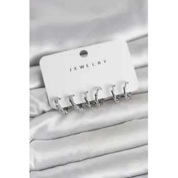 Gümüş Renk Pirinç Kemik Model 3 Çift Kadın Küpe Seti