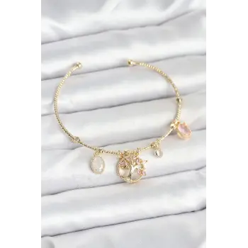 Hayat Ağacı Charmlı Gold Renk Pirinç Kadın Bileklik
