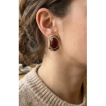 Kahverengi Renk Kare Model Vintage Kadın Küpe