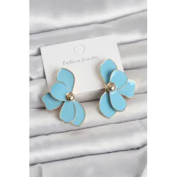 Mavi Mineli Lotus Model Pirinç Kadın Küpe