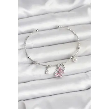 Pembe Kelebek Charmlı Gümüş Renk Kadın Bileklik