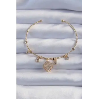 Pirinç Altın Renk Zirkon Taşlı Yonca Model Charm Bileklik