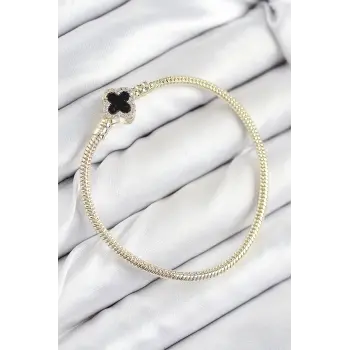 Pirinç Charm Zirkon Taşlı Yonca Model Gold Renk Kadın Bileklik