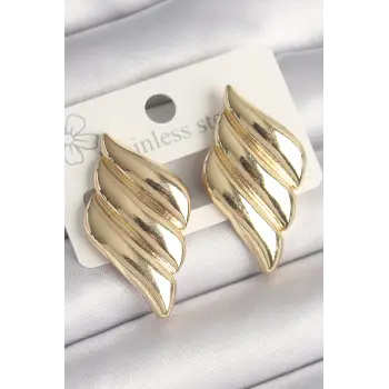 Pirinç Gold Renk 3 Sıralı Dalgalı Model Kadın Küpe