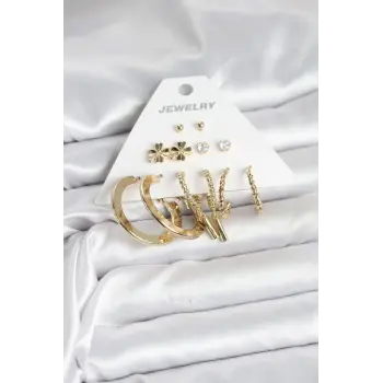 Pirinç Gold Renk 6 Çift Kadın Küpe Seti
