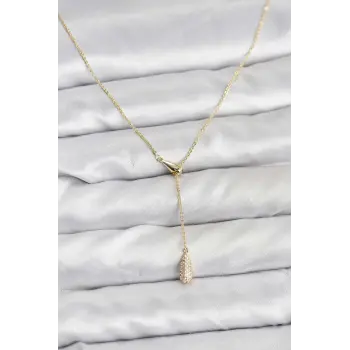 Pirinç Gold Renk Asansörlü Damla Model Kadın Kolye
