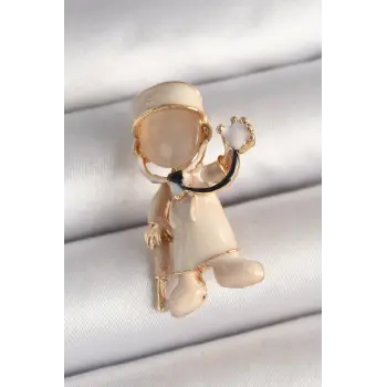 Pirinç Gold Renk Beyaz Mineli Doktor Model Kadın Broş