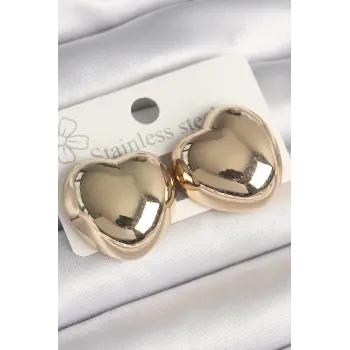 Pirinç Gold Renk Bombe Kalp Model Kadın Küpe
