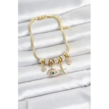 Pirinç Gold Renk Göz Model Charmlı Kadın Bileklik
