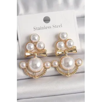 Pirinç Gold Renk İncili Çapa Model Kadın Küpe