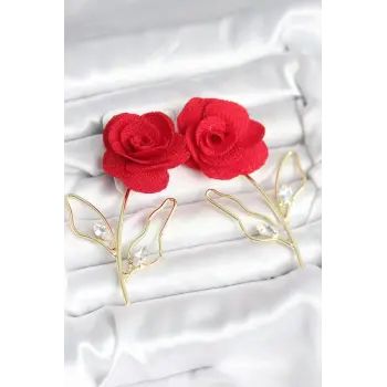 Pirinç Gold Renk Kırmızı Gül Model Kadın Küpe