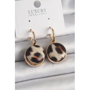 Pirinç Gold Renk Leopar Desenli Daire Model Kadın Küpe