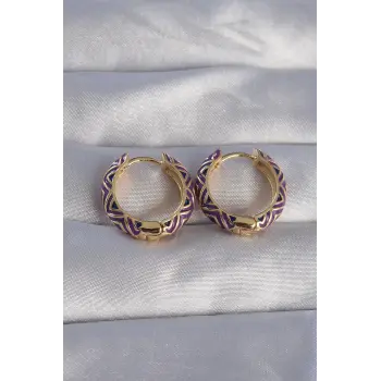 Pirinç Gold Renk Mor Etnik Desenli Halka Küpe