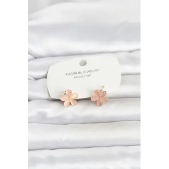 Pirinç Gold Renk Pembe Çiçek Model Çocuk Küpe