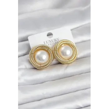 Pirinç Gold Renk Sarmal Model İncili Kadın Küpe