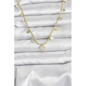 Pirinç Gold Renk Yonca Model Kadın Kolye