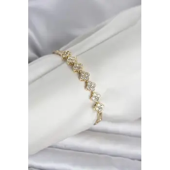 Pirinç Gold Renk Yonca Model Zirkon Taşlı Kadın Bileklik