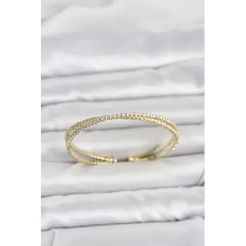 Pirinç Gold Renk Zirkon Taşlı Çapraz Model Kadın Bileklik